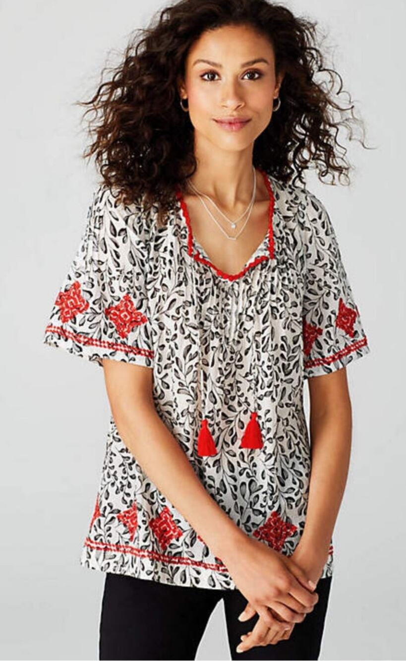 J Jill White Red Embroidered Cotton Tassel Top Boho Size M Petite